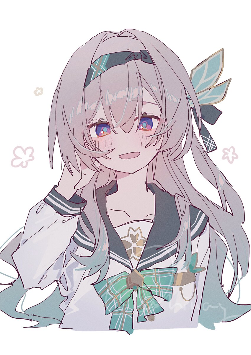 1girl absurdres blush bow bowtie buttons firefly_(honkai:_star_rail) firefly_(spring_missive)_(honkai:_star_rail) flower gradient_eyes gradient_hair green_bow green_bowtie green_pupils grey_hair grey_hairband grey_ribbon grey_sailor_collar hair_between_eyes hair_intakes hair_ornament hair_ribbon hairband hand_in_own_hair highres hinay_2 honkai:_star_rail honkai_(series) long_hair multicolored_eyes multicolored_hair open_mouth plaid_bow plaid_bowtie plaid_clothes ribbon sailor_collar simple_background smile solo white_background