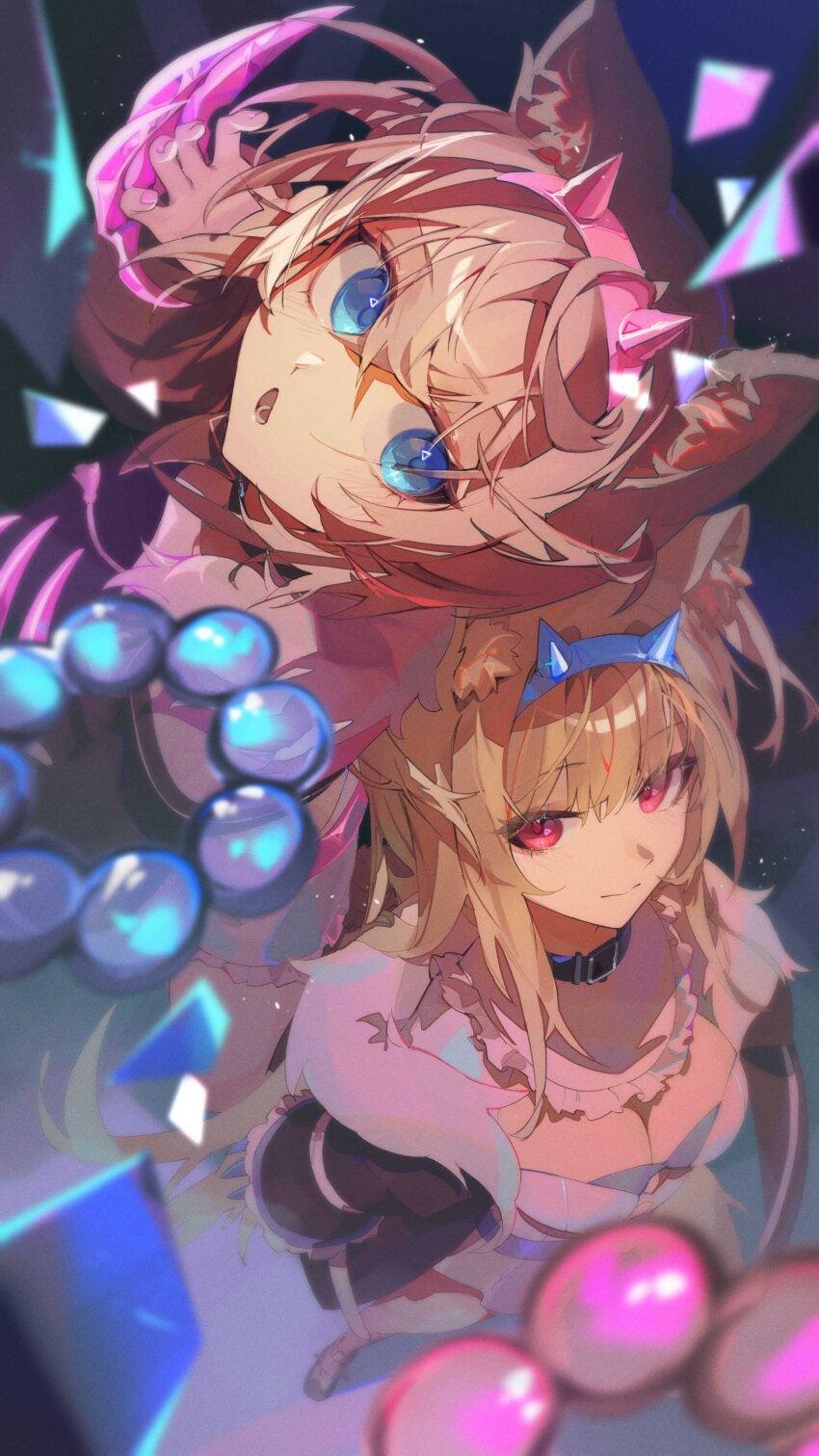 2girls absurdres animal_ear_fluff animal_ears black_coat black_jacket blonde_hair blue_eyes blue_hairband breasts claw_(weapon) cleavage coat dog_ears dog_girl dress fuwawa_abyssgard fuwawa_abyssgard_(1st_costume) hairband highres hololive jacket large_breasts long_hair looking_at_viewer mococo_abyssgard mococo_abyssgard_(1st_costume) multiple_girls newbie_(newbie_132) pink_eyes pink_hairband short_hair siblings sisters spiked_hairband spikes twins virtual_youtuber weapon white_dress
