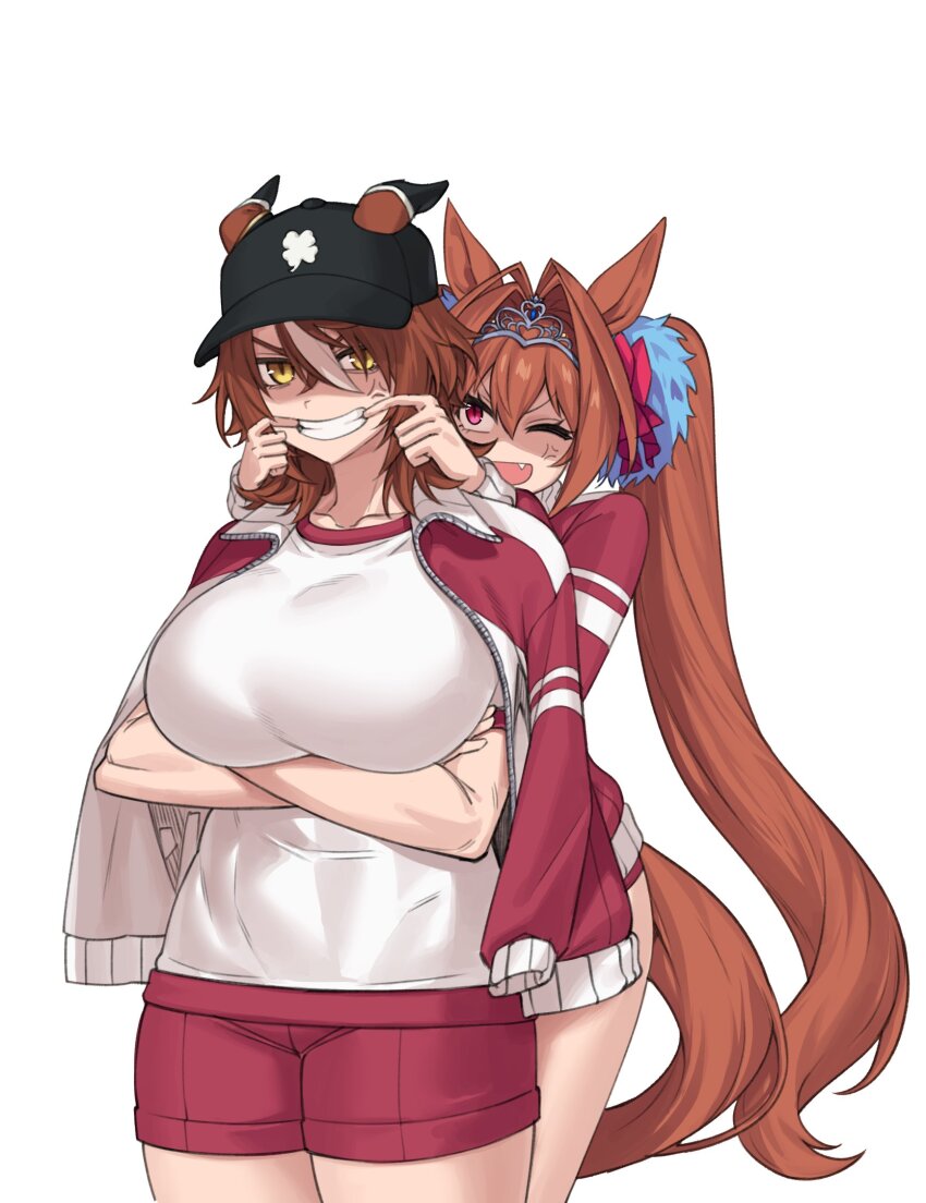 2girls angry animal_ears baseball_cap breasts brown_hair crossed_arms daiwa_major_(racehorse) daiwa_scarlet_(umamusume) forced_smile fukuro_(maruaru00) gym_uniform hat highres horse_ears horse_girl horse_tail huge_breasts jacket long_hair multiple_girls original red_eyes red_jacket red_shorts shirt shorts sidelocks tail tiara umamusume white_background white_shirt yellow_eyes