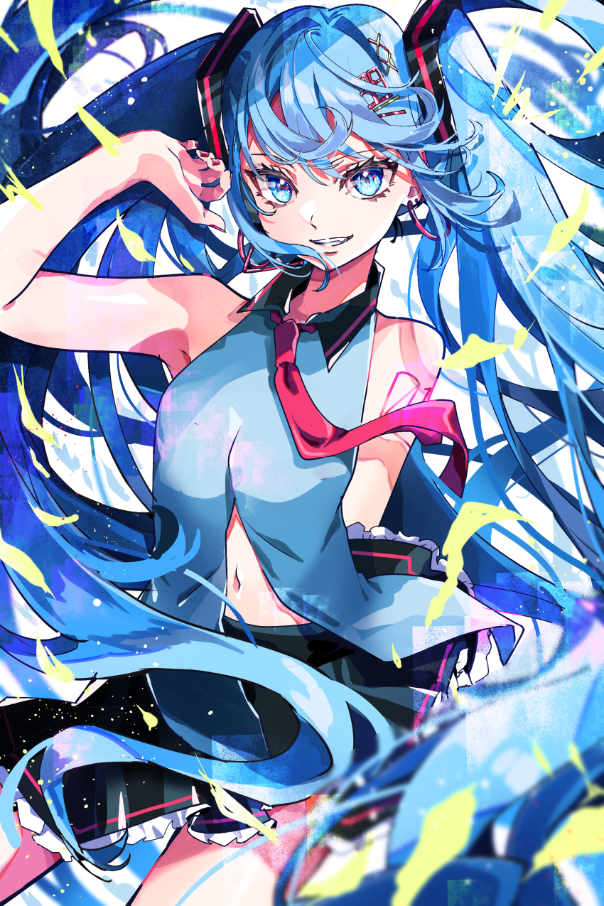 1girl 39 absurdres arm_tattoo black_skirt blue_eyes blue_hair blue_shirt blurry collared_shirt commentary_request depth_of_field grin hair_intakes hair_ornament hatsune_miku highres long_hair looking_at_viewer miku_day navel number_hair_ornament number_tattoo puchi_(puchin1219) shirt skirt sleeveless sleeveless_shirt smile solo tattoo teeth twintails very_long_hair vocaloid x_hair_ornament