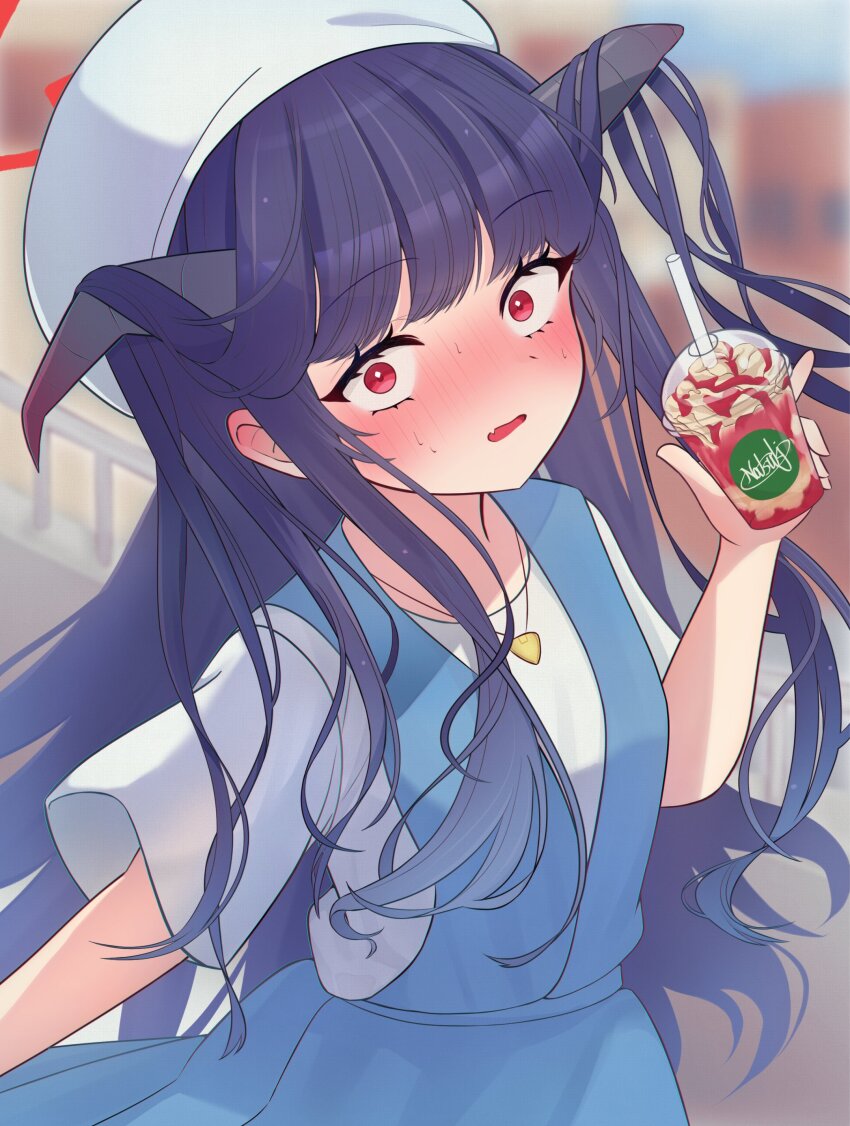1girl absurdres beret black_hair blue_archive blue_dress blunt_bangs blush casual commentary_request cowboy_shot cup disposable_cup dress embarrassed eyelashes fang floating_hair fuuka_(blue_archive) fuuka_(casual)_(blue_archive) hair_on_horn halo hand_up hat heart_pendant highres holding holding_cup long_hair looking_at_viewer nose_blush official_alternate_costume open_mouth red_eyes red_halo shirt short_sleeves sidelocks signature skin_fang sleeveless sleeveless_dress solo sweatdrop tanabata_natsuki very_long_hair white_hat white_shirt wide-eyed