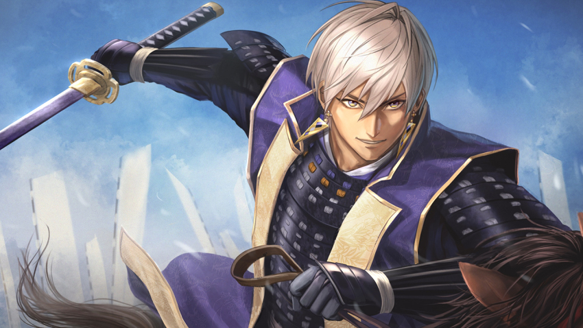 1boy alternate_costume arm_up armor banner black_armor blue_eyes blue_sky blurry blurry_background commentary_request dark_skin dou earrings floral_print gloves gold_earrings gold_trim grey_gloves grey_hair grin hair_between_eyes haori holding holding_reins holding_sword holding_weapon horseback_riding ibrahim_(nijisanji) japanese_armor japanese_clothes jewelry jinbaori katana kote kurokote lips long_bangs looking_at_viewer male_focus multicolored_eyes nijisanji nobori oyu_(b_47p) purple_haori reins riding samurai short_hair shoulder_armor sky smile sode solo sword triangle_earrings two-tone_eyes unmoving_pattern upper_body very_short_hair virtual_youtuber weapon yellow_eyes