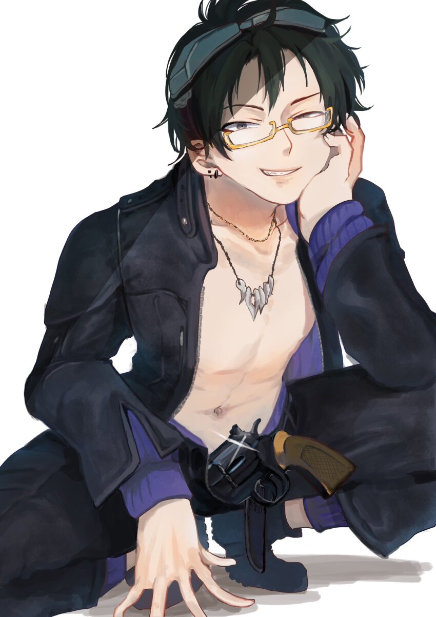 1boy black_hair glasses gnosia goggles green_hair gun highres jacket jewelry koyuuuuuuuuuuu long_sleeves looking_at_viewer male_focus navel necklace sha-ming shirt short_hair smile solo upper_body weapon zipper