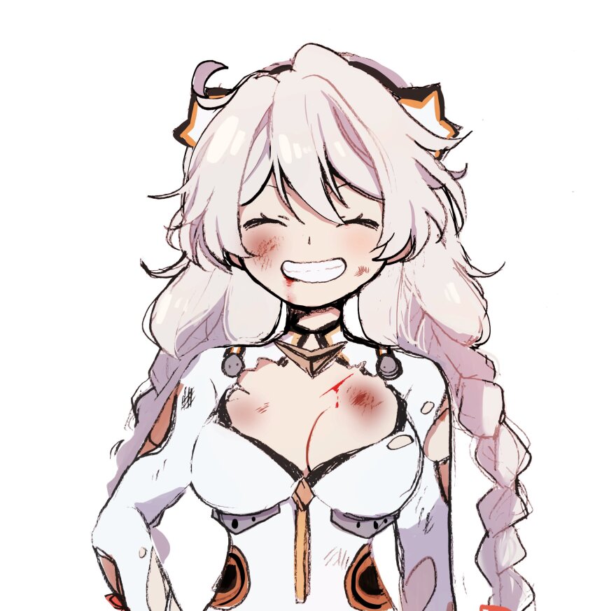 1girl 5rwpvc blood blood_from_mouth bodysuit braid breasts bruise bruise_on_face bruised_chest cleavage closed_eyes hair_ornament highres honkai_(series) honkai_impact_3rd injury kiana_kaslana kiana_kaslana_(white_comet) large_breasts long_hair simple_background smile solo star_(symbol) star_hair_ornament teeth torn_bodysuit torn_clothes twin_braids upper_body white_background white_bodysuit white_hair