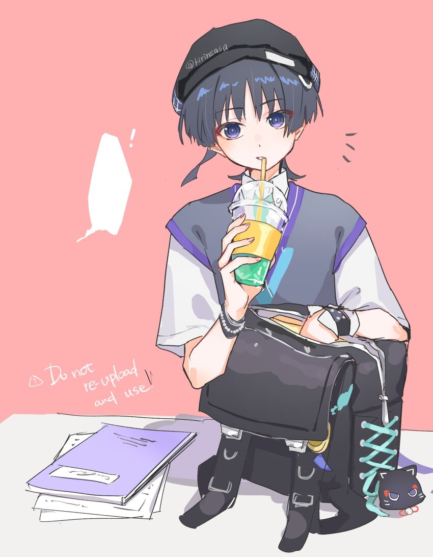 ! 1boy alternate_costume aqua_necktie aqua_trim backpack bag bead_bracelet beads beret black_bag black_hair black_hat blunt_ends bracelet bright_pupils buckle cardigan coffee collared_shirt cup disposable_cup drinking drinking_straw eyeliner eyeshadow fingernails genshin_impact grey_cardigan hat head_tilt highres holding holding_cup iced_coffee jewelry looking_at_viewer makeup male_focus necktie notebook official_alternate_costume open_mouth paper pink_background purple_eyes purple_trim red_eyeliner red_eyeshadow sasa_kirin scaramouche_(cat)_(genshin_impact) scaramouche_(genshin_impact) shirt short_sleeves solo speech_bubble stuffed_animal stuffed_toy twitter_username upper_body wanderer_(genshin_impact) wanderer_(mega_mgc_coffee)_(genshin_impact) white_mouth white_pupils white_shirt white_sleeves white_undershirt wrist_cuffs zipper zipper_pull_tab