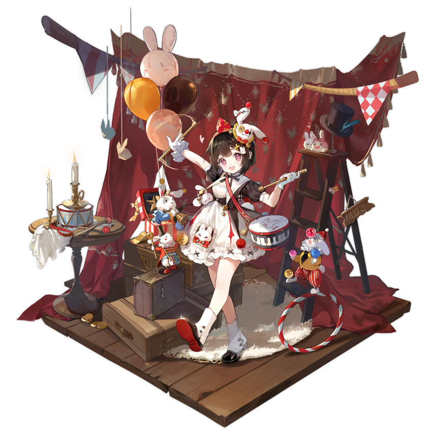 &gt;_&lt; 1girl @_@ animal_hat balancing balloon black_dress black_shoes blush candle candlestand character_name coin colored_shoe_soles crate curtains cymbals diamond_(shape) dress dress_shoes drum drumsticks full_body girls&#039;_frontline gloves hair_ornament hairband hat hat_feather heart highres holding holding_drumsticks hoop instrument jack-in-the-box juggling ladder m99_(drumrolls_when_the_curtain_rises)_(girls&#039;_frontline) m99_(girls&#039;_frontline) official_alternate_costume official_art origami outstretched_arm piano_print puffy_short_sleeves puffy_sleeves purple_eyes rabbit rabbit_balloon rabbit_hair_ornament rabbit_hat rabbit_symbol red_hairband rope rug saru shoe_soles shoes short_hair short_sleeves sign simple_background solo spinning standing standing_on_one_leg star_(symbol) stepladder suitcase table third-party_source top_hat transparent_background trumpet unworn_hat unworn_headwear white_dress white_gloves wooden_floor x_hair_ornament