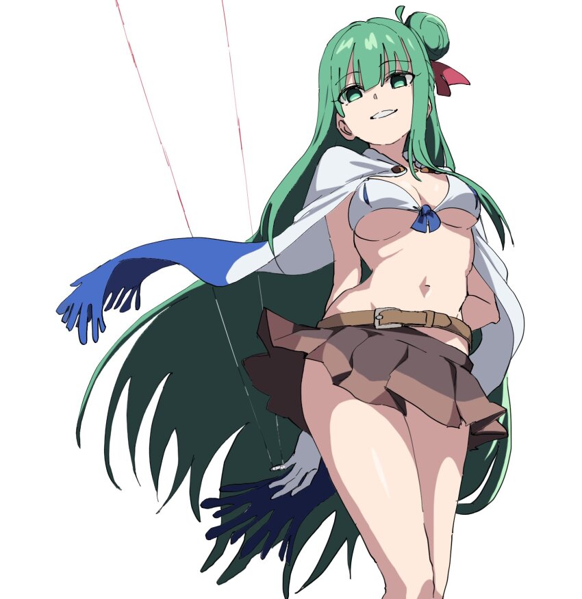 1girl belt blunt_bangs bra breasts brown_belt brown_skirt cape cleavage contrapposto gloves green_eyes green_hair hair_bun highres long_hair looking_at_viewer medium_breasts momomatang navel nukigee_mitai_na_shima_ni_sunderu_watashi_wa_dou_surya_ii_desu_ka? reizeiin_touka single_side_bun skirt smile solo standing stomach underwear upper_body very_long_hair white_bra white_cape white_gloves wire_manipulation