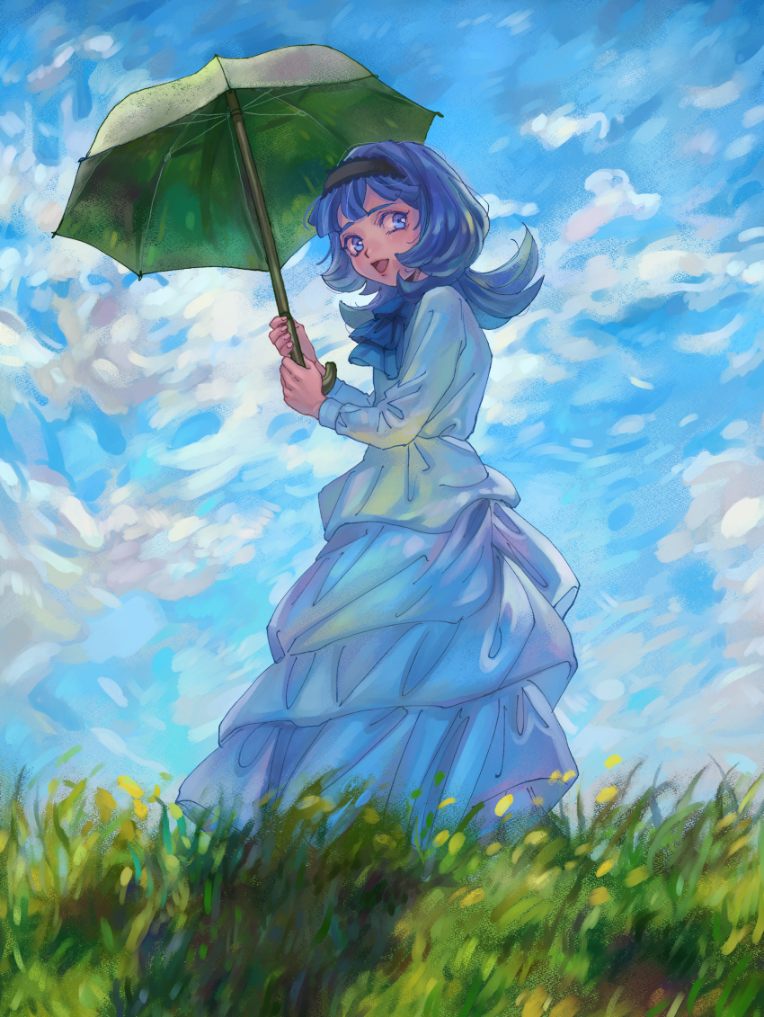 1girl absurdres almiria_bauduin ascot blue_eyes blue_hair blue_sky blush cloud day grass gundam gundam_tekketsu_no_orphans hairband highres holding holding_umbrella long_hair looking_at_viewer matsuko_(mrimri3) open_mouth outdoors sky smile solo umbrella