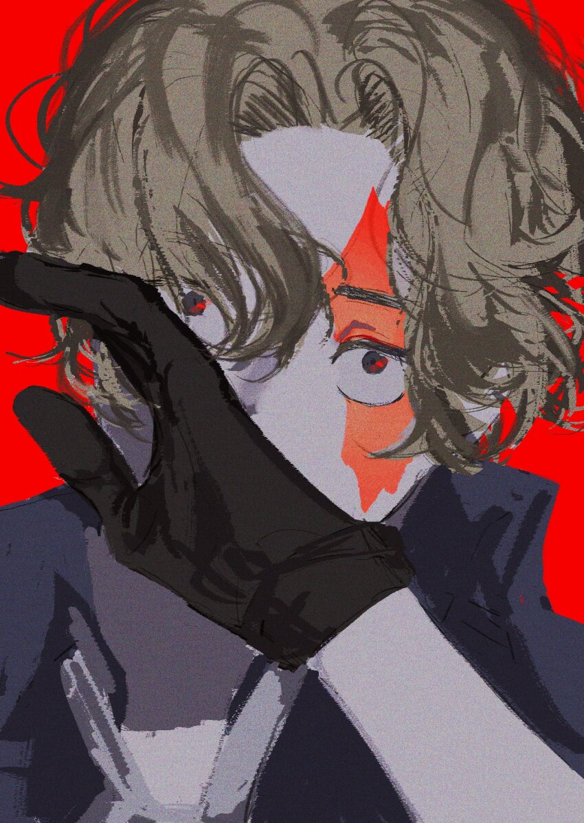 1boy black_gloves blonde_hair collared_shirt commentary covering_own_mouth gloves hair_between_eyes highres looking_up male_focus oh_no_nori one_piece red_background sabo_(one_piece) scar scar_on_face shirt short_hair solo upper_body