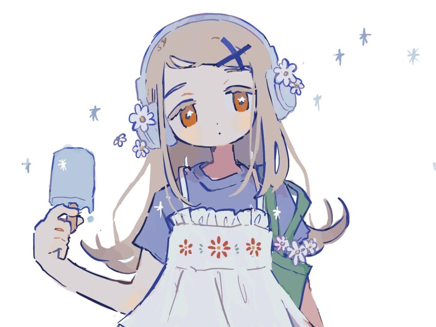 1girl bag blonde_hair blue_shirt closed_mouth colored_eyelashes dress expressionless flipped_hair flower food gakuen_idolmaster gooooskap hair_ornament headphones holding holding_food holding_popsicle idolmaster long_hair looking_at_viewer orange_eyes popsicle shinosawa_hiro shirt short_sleeves shoulder_bag simple_background solo upper_body white_background white_dress white_flower x_hair_ornament