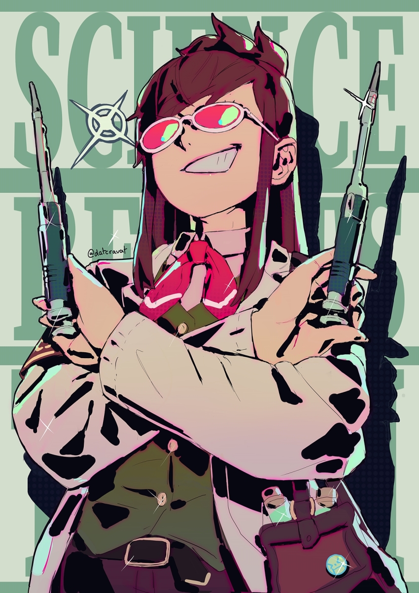 1girl ace_attorney ambiguous_blue_liquid armband arms_across_body badge bag belt belt_buckle ben-day_dots black_belt brown_bag brown_hair brown_pants buckle button_badge coat collared_shirt commentary cork crazy_grin datcravat dress_shirt ema_skye english_commentary english_text fingernails glasses glint green_background green_vest half_updo highres holding holding_syringe lab_coat lapels long_fingernails long_hair long_sleeves neckerchief notched_lapels pants phoenix_wright:_ace_attorney_-_spirit_of_justice pink-tinted_eyewear pink_lips pink_shirt red_armband red_neckerchief ribbon screentones shadow shirt shoulder_bag solo sunglasses syringe teeth test_tube tinted_eyewear twitter_username upper_body vest waistcoat white-framed_eyewear