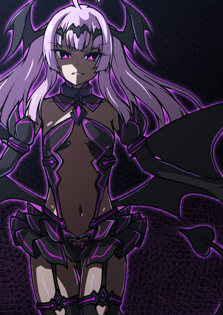 1girl absurdres ahoge amakubo_yuri aoi_tabane aura bat_wings black_gloves black_skirt black_thighhighs black_wings breasts clothing_cutout corruption covered_navel cowboy_shot dark_persona demon_girl demon_tail demon_wings detached_collar detached_sleeves evil_grin evil_smile garter_straps gloves glowing glowing_eyes gluteal_fold grin hair_ornament head_wings heart heart_cutout highres kouyoku_senki_exs-tia leotard liberator_(kouyoku_senki_exs-tia) liberator_yuri_(kouyoku_senki_exs-tia) long_hair looking_at_viewer navel pink_eyes pink_hair pubic_tattoo purple_eyes purple_hair see-through_clothes skirt small_breasts smile solo standing tail tattoo thigh_gap thighhighs twintails wings