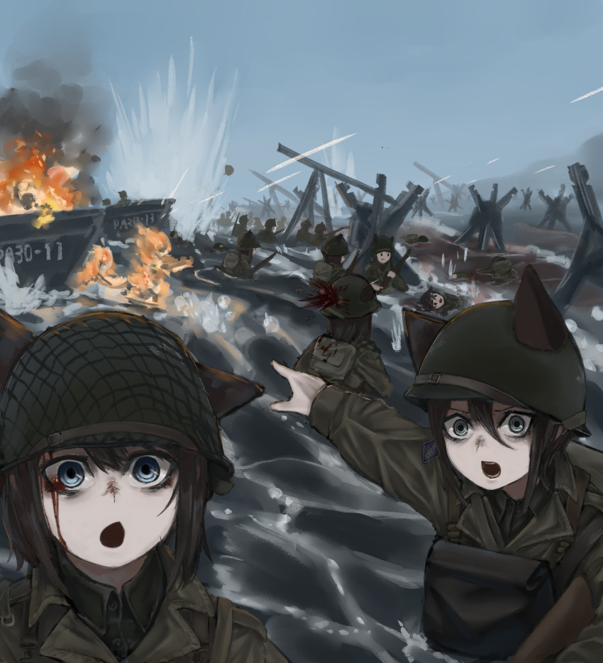 6+girls animal_ears bags_under_eyes beach blood blue_eyes brown_hair burning combat_helmet corpse czech_hedgehog day death fire green_eyes hair_between_eyes helmet highres landing_craft meme military military_combat_uniform military_uniform multiple_girls omaha_beach original outdoors partially_submerged short_hair soldier two_soyjaks_pointing_(meme) user_dhcx5474 water world_war_ii