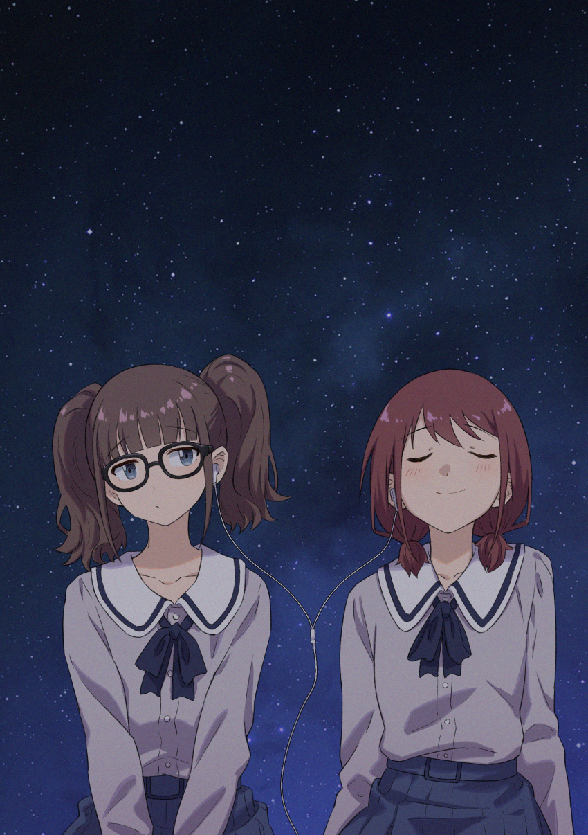 2girls absurdres blue_bow blue_bowtie blue_shirt blue_skirt blush bow bowtie closed_eyes closed_mouth commentary dress_shirt earphones girls_band_cry grey_eyes highres hina_(girls_band_cry) iseri_nina low_twintails multiple_girls pleated_skirt school_uniform shared_earphones shirt short_hair short_twintails skirt sky star_(sky) starry_sky summer_left twintails