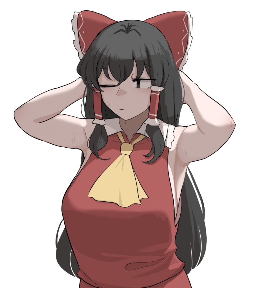 armpits ascot bow breasts frilled_bow frilled_hair_tubes frills hair_bow hair_tubes hakurei_reimu highres large_breasts mata_(matasoup) red_bow red_skirt sideboob skirt skirt_set sleeveless touhou yellow_ascot