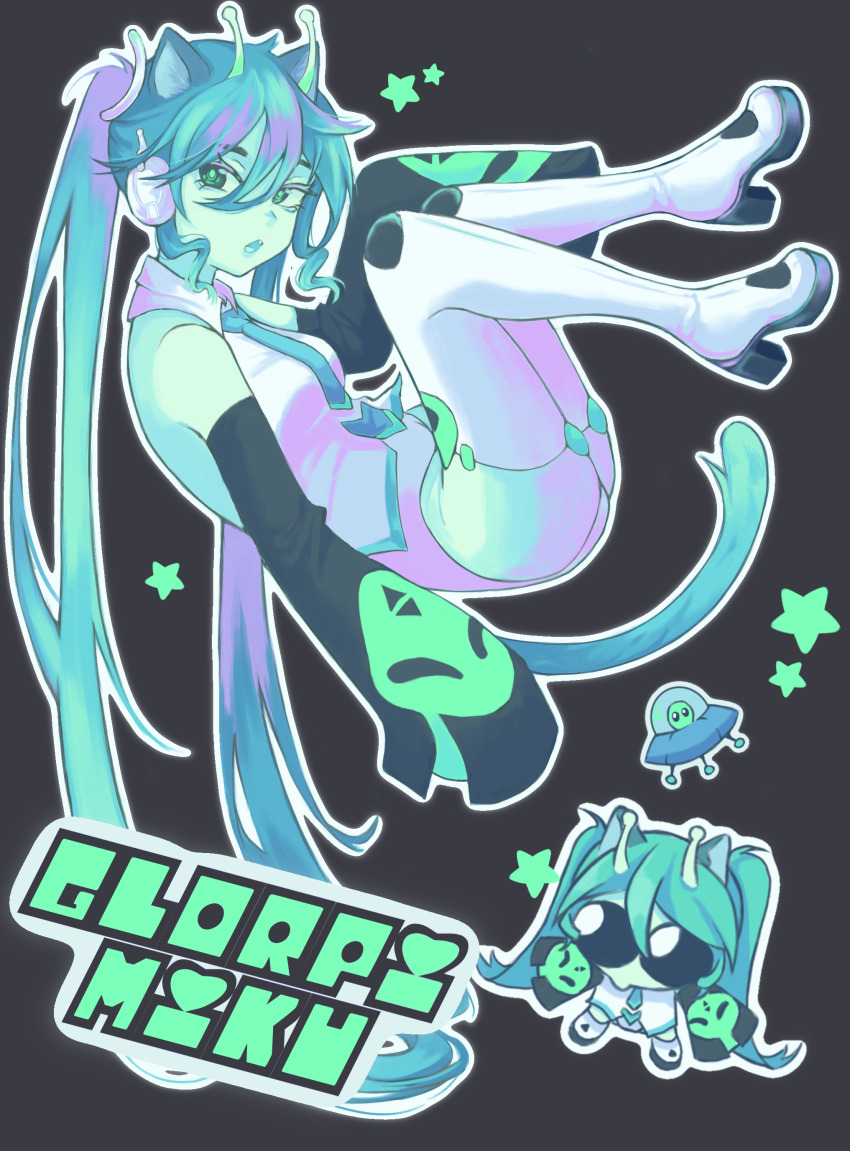 1girl absurdres alien antennae aqua_necktie black_background boots character_name colored_skin commentary detached_sleeves english_commentary full_body glorpi_miku_(dyarikku) green_skin hatsune_miku high_heel_boots high_heels highres leotard long_hair looking_at_viewer necktie outline procreate_(medium) shirt solo theneveru thigh_boots twintails ufo vocaloid white_boots white_leotard white_outline white_shirt