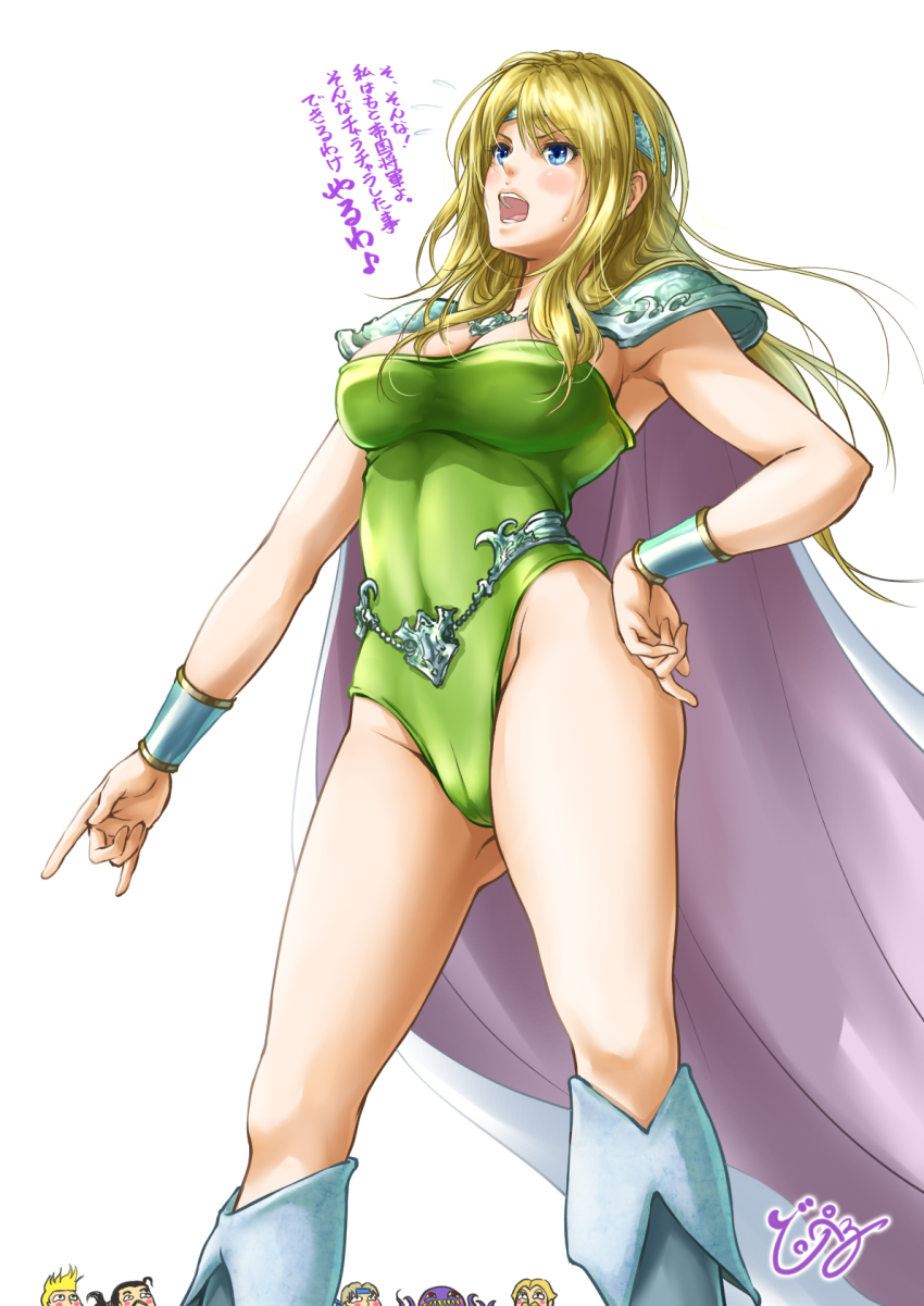 1990s_(style) 1girl :3 armpits bad_id bad_pixiv_id belt blonde_hair blue_eyes blush boots bracelet breasts cameltoe cape celes_chere chain_belt chibi chibi_inset cleavage cyan_garamonde female_focus final_fantasy final_fantasy_vi flying_sweatdrops green_leotard hand_gesture hand_on_own_hip headband highleg highleg_leotard highres impresario jewelry large_breasts leotard locke_cole long_hair m/ music necklace open_mouth retro_artstyle rioreo sabin_rene_figaro shoulder_pads singing skin_tight sweat sweatdrop thighs ultros |_|