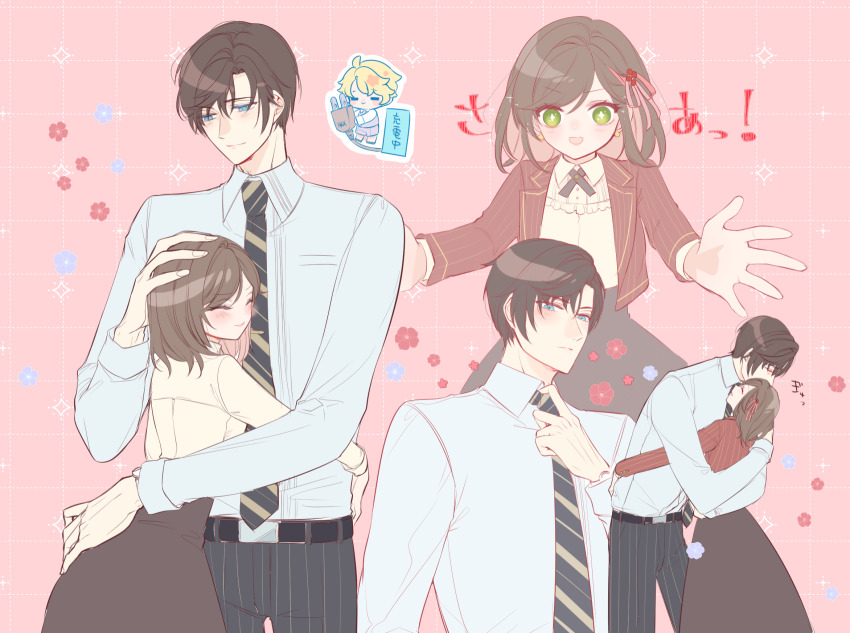 1girl 2boys :d artem_wing_(tears_of_themis) belt black_necktie black_pants blue_eyes brown_hair brown_skirt closed_eyes closed_mouth collared_shirt coto_notte davis_(tears_of_themis) green_eyes highres long_sleeves multiple_boys multiple_views necktie open_mouth pants pink_background rosa_(tears_of_themis) shirt skirt smile striped_clothes striped_pants tears_of_themis vertical-striped_clothes vertical-striped_pants white_shirt