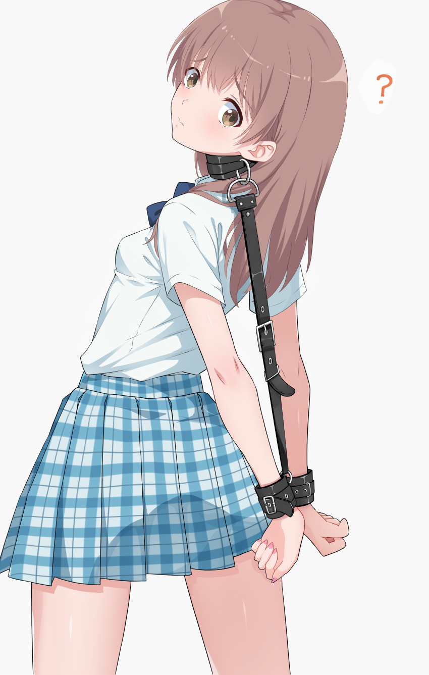1girl ? absurdres bdsm blue_bow blue_bowtie blue_skirt bondage bound bow bowtie breasts brown_eyes brown_hair commentary cowboy_shot english_commentary harness highres koe_no_katachi long_hair meitoku miniskirt nishimiya_shouko perky_breasts pink_nails plaid_clothes plaid_skirt pleated_skirt school_uniform shirt short_sleeves skirt small_breasts solo white_background white_shirt