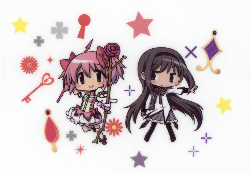 2girls absurdres akemi_homura akemi_homura_(magical_girl) argyle_clothes argyle_footwear argyle_pantyhose black_hair bow_(weapon) bubble_skirt chibi choker flower frilled_socks frills gem hairband highres holding holding_bow_(weapon) holding_weapon kaname_madoka kaname_madoka_(magical_girl) key keyhole magical_girl mahou_shoujo_madoka_magica multiple_girls non-web_source official_art outstretched_arm pantyhose pink_eyes pink_gemstone pink_hair purple_eyes purple_gemstone red_choker scan short_twintails skirt smile socks soul_gem star_(symbol) twintails weapon white_background
