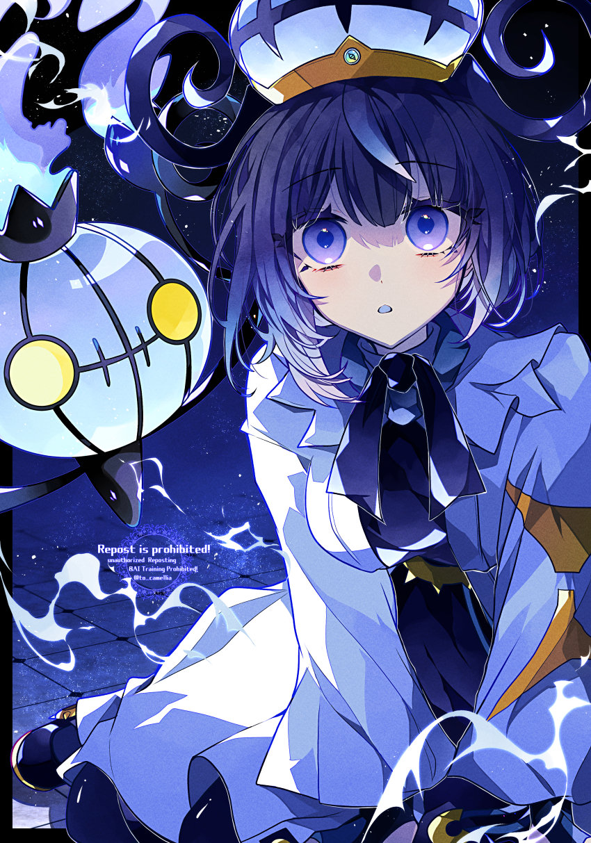 1girl absurdres chandelure gen_5_pokemon gwynn_(pokemon) highres nintendo pokemon pokemon_(creature) pokemon_legends:_z-a purple_eyes purple_hair short_hair to_camellia