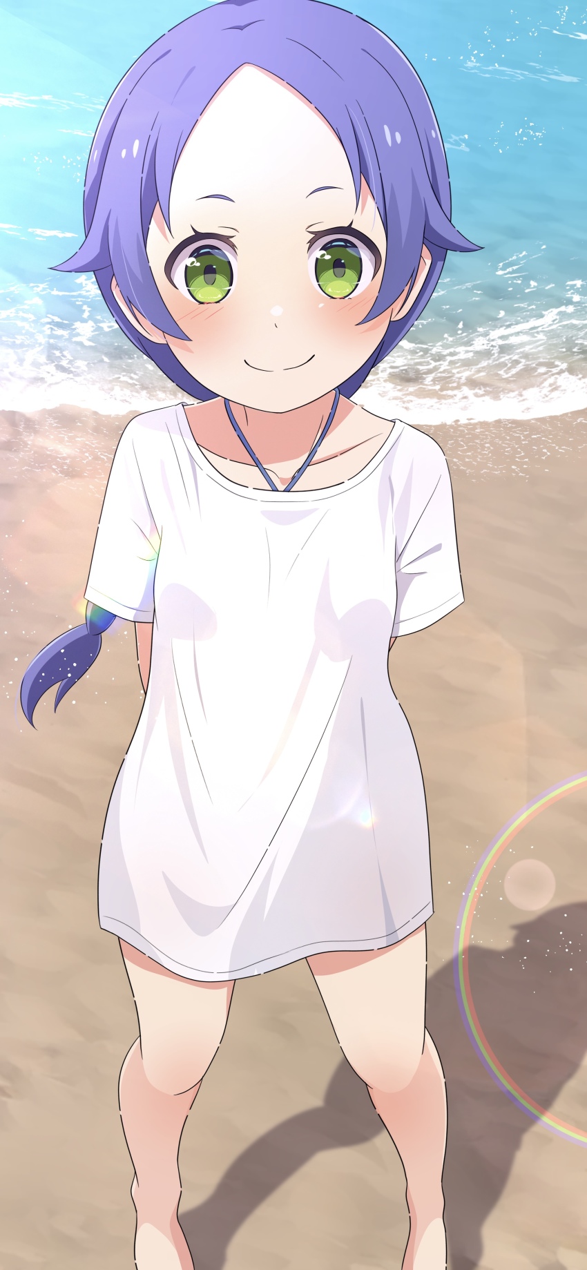 1girl 2024 20s absurdres arms_behind_back bare_legs beach blue_hair blush braid braided_ponytail collarbone day feet_out_of_frame green_eyes highres jewelry long_hair looking_at_viewer meili_portroute na-suke necklace outdoors ponytail re:zero_kara_hajimeru_isekai_seikatsu sand shadow shirt smile solo standing sunlight swimsuit swimsuit_under_clothes water white_shirt