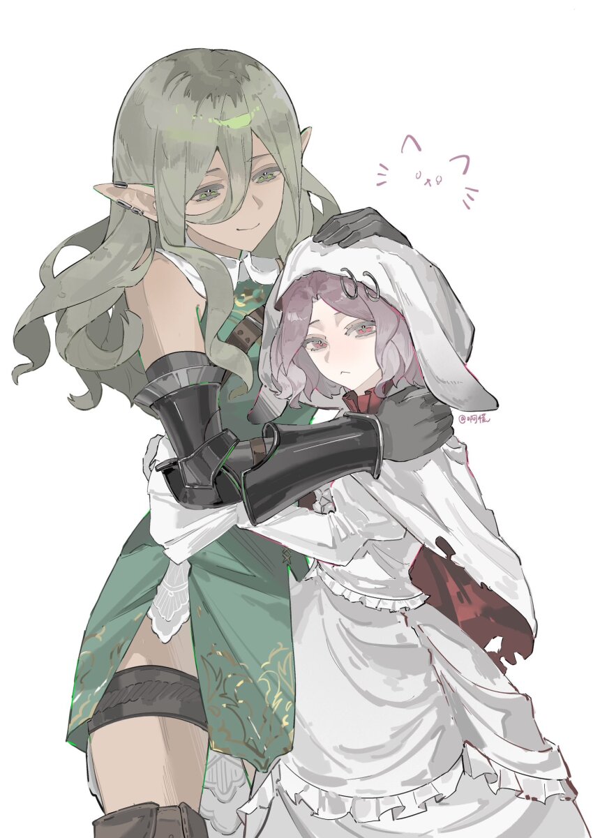2girls animal_hood dark-skinned_female dark_skin dress ear_piercing ebizuka_tomo evenf gauntlets girls_band_cry girls_band_cry_rpg gloves green_eyes green_hair hand_on_another&#039;s_head highres hood hug multiple_girls piercing purple_hair rabbit_hood red_eyes rupa_(girls_band_cry) sharp_teeth simple_background smile teeth white_background yuri
