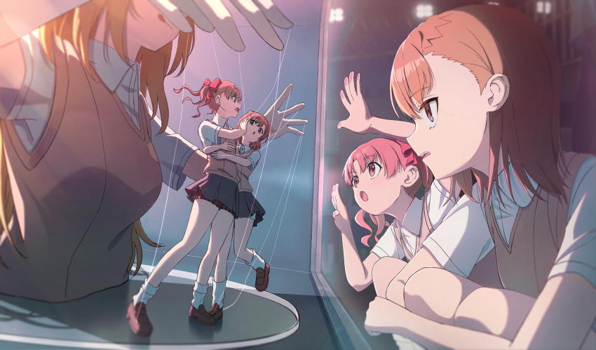 3girls :q absurdres against_glass blonde_hair brown_hair brown_shoes brown_sweater_vest collared_shirt figure grey_skirt hand_on_glass highres loafers long_hair marionette medium_hair miniskirt misaka_mikoto multiple_girls pension_z pleated_skirt puppet puppet_strings school_uniform shirai_kuroko shirt shoes shokuhou_misaki short_sleeves skirt summer_uniform sweater_vest toaru_kagaku_no_railgun toaru_majutsu_no_index tokiwadai_school_uniform tongue tongue_out twintails v-neck white_shirt