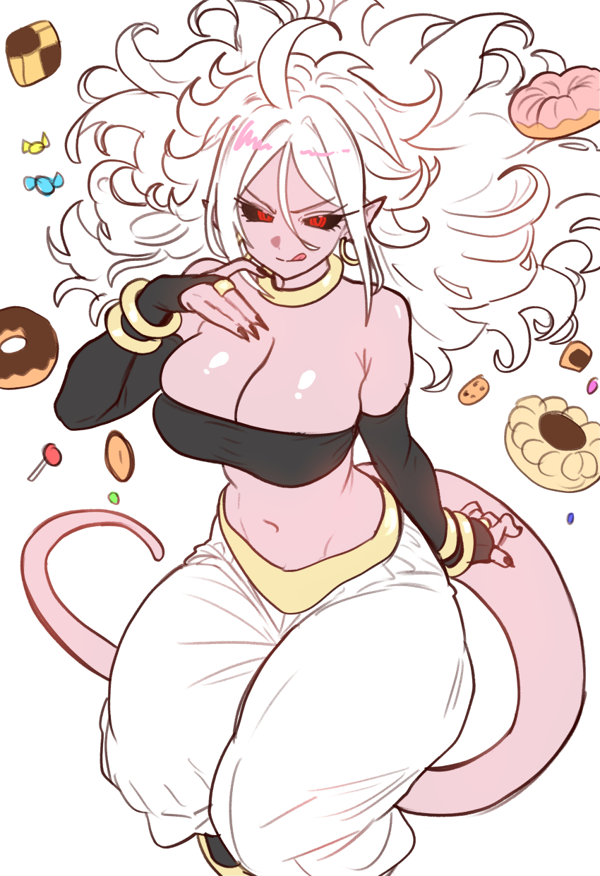 1girl absurdres android_21 bare_shoulders black_sclera black_tube_top bracelet breasts colored_sclera colored_skin commission cookie crop_top detached_sleeves donut dragon_ball dragon_ball_fighterz earrings ebora food harem_pants highres hoop_earrings jewelry ko-fi_commission large_breasts licking_lips long_hair looking_at_viewer majin_android_21 navel neck_ring non-web_source pants pink_skin pointy_ears red_eyes smile solo strapless tail tongue tongue_out tube_top white_hair white_pants
