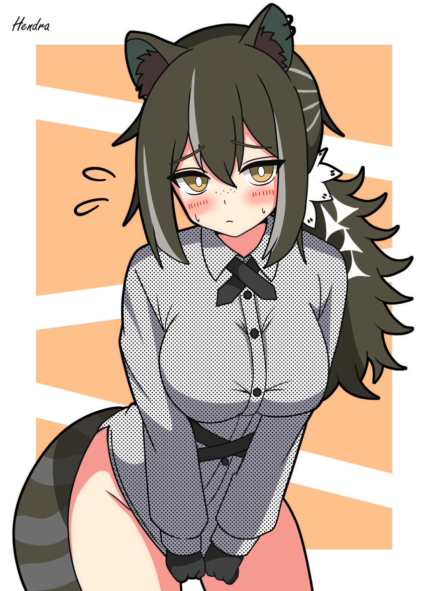 1girl absurdres arknights artist_name black_gloves blush breasts bright_pupils brown_eyes brown_hair closed_mouth clothes_pull commentary_request flying_sweatdrops gloves grey_shirt hendra highres large_breasts looking_at_viewer naked_shirt pulling_own_clothes robin_(arknights) shirt shirt_pull signature simple_background solo white_pupils