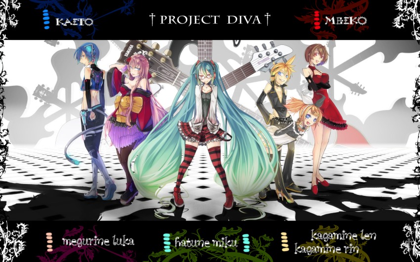 2boys 4girls animal_ears aqua_hair blonde_hair blue_hair brown_hair cat_ears change_me_(vocaloid) glasses gloves guitar hatsune_miku hatsune_miku_(natural) instrument japanese_clothes kagamine_len kagamine_len_(punkish) kagamine_rin kagamine_rin_(reactor) kaito_(vocaloid) kimono kocchi_muite_baby_(vocaloid) legs long_hair md5_mismatch megurine_luka megurine_luka_(hana) meiko_(scarlet)_(vocaloid) meiko_(vocaloid) mito_(calcomer) multiple_boys multiple_girls pantyhose project_diva project_diva_(series) project_diva_2nd roshin_yuukai_(vocaloid) short_hair siblings smile thighhighs twins very_long_hair vocaloid