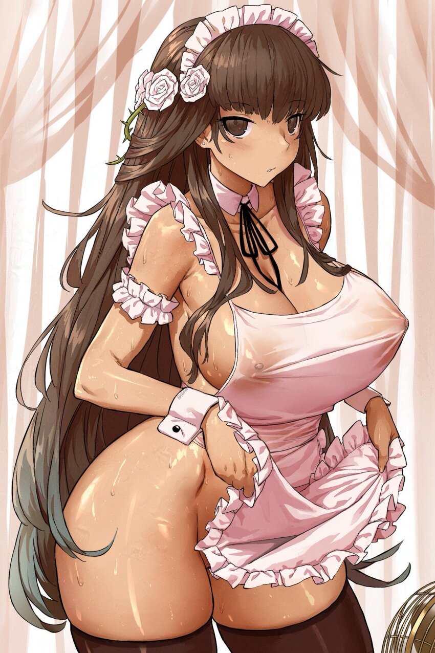 1girl apron apron_lift blush breasts brown_eyes brown_hair clothes_lift cowboy_shot curvy flower frilled_apron frills hair_flower hair_ornament haraya_manawari highres large_breasts looking_at_viewer maid maid_apron maid_headdress naked_apron nipples open_mouth original see-through_clothes sideboob solo sweat thighhighs white_apron wrist_cuffs