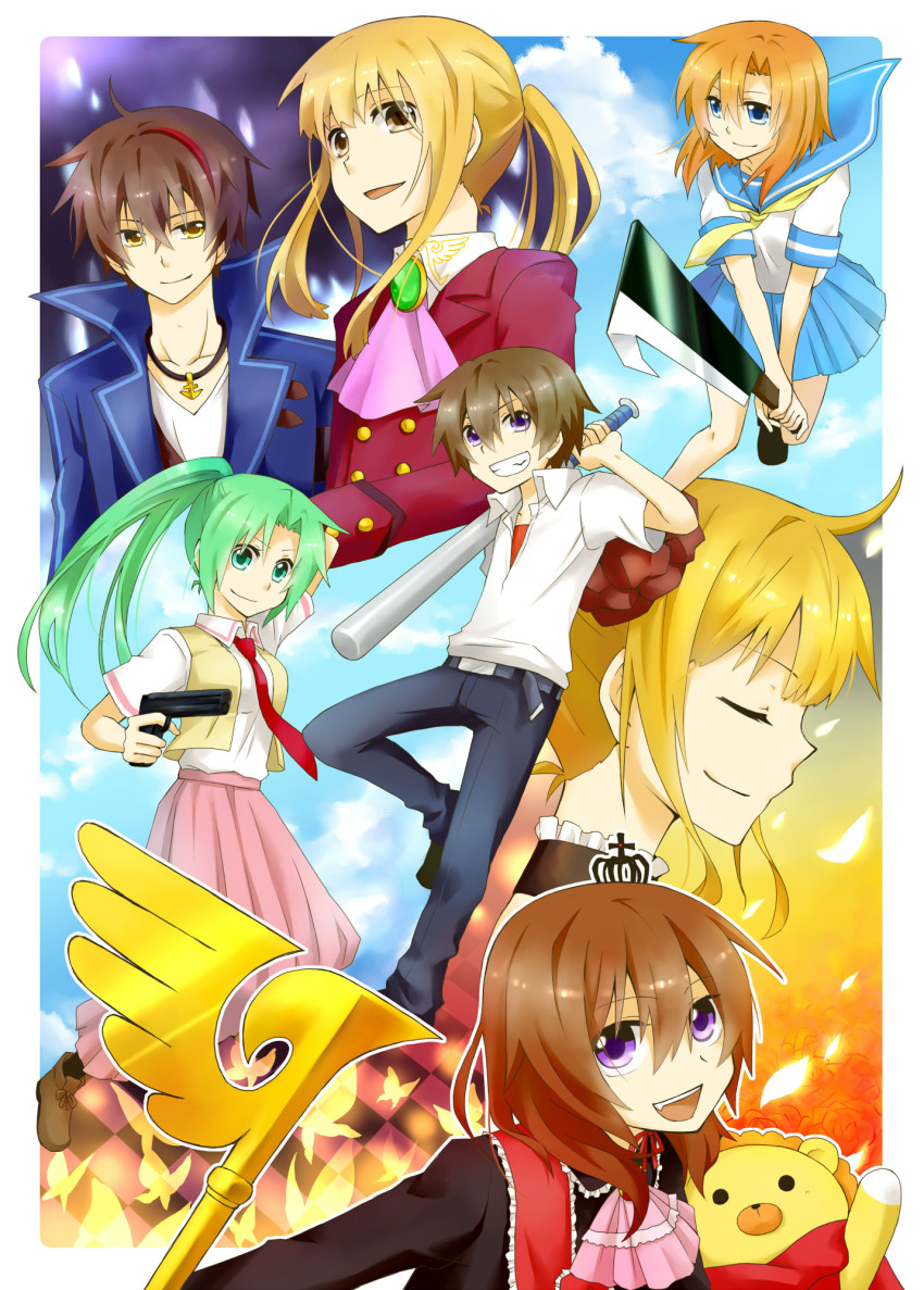 3boys 4girls airsoft baseball_bat beatrice_(umineko) blonde_hair blue_eyes brown_eyes brown_hair closed_eyes crossover crown flower green_eyes green_hair hair_flower hair_ornament highres higurashi_no_naku_koro_ni in-franchise_crossover kudou_chika long_hair maebara_keiichi maria_(umineko) multicolored_hair multiple_boys multiple_girls no_naku_koro_ni_(series) open_mouth orange_hair ponytail purple_eyes ryuuguu_rena sakutarou_(umineko) school_uniform serafuku short_hair smile sonozaki_mion staff streaked_hair two-tone_hair umineko_no_naku_koro_ni ushiromiya_lion ushiromiya_maria willard_h._wright yellow_eyes