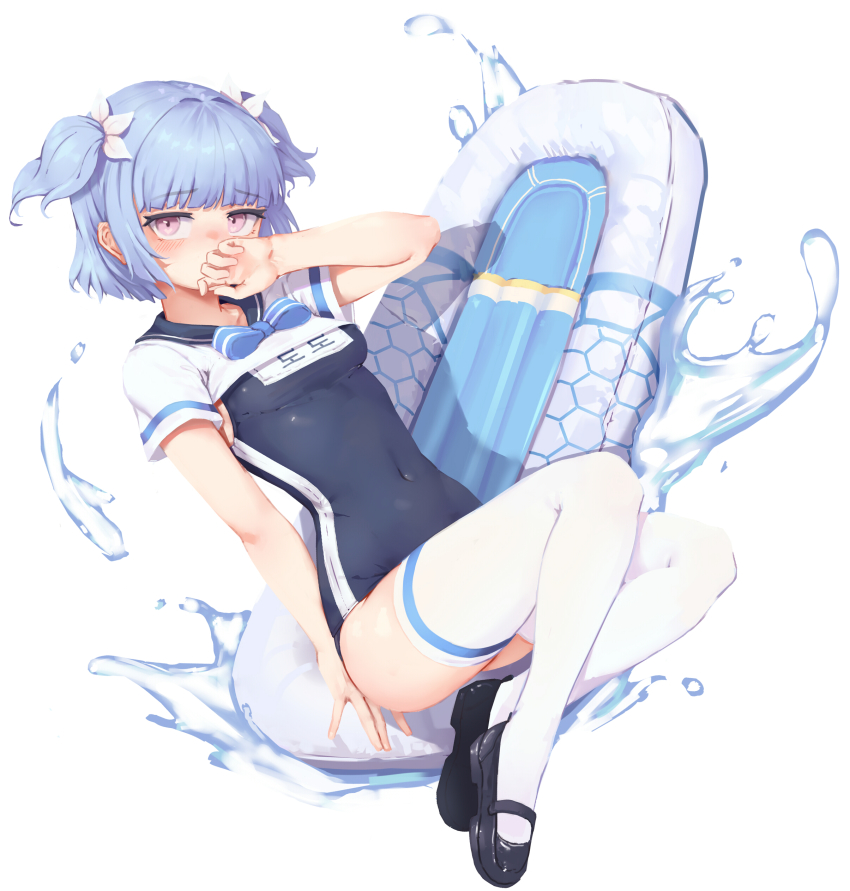 1girl absurdres bad_id bad_pixiv_id black_one-piece_swimsuit black_sailor_collar black_shoes blue_bow blue_hair blush bow breasts copyright_request covered_mouth covered_navel crop_top flower full_body greentree hair_flower hair_ornament hand_up highres inflatable_raft medium_breasts name_tag one-piece_swimsuit pink_eyes sailor_collar shirt shoes short_sleeves simple_background solo striped_bow swimsuit swimsuit_under_clothes thighhighs two_side_up water white_background white_flower white_shirt white_thighhighs