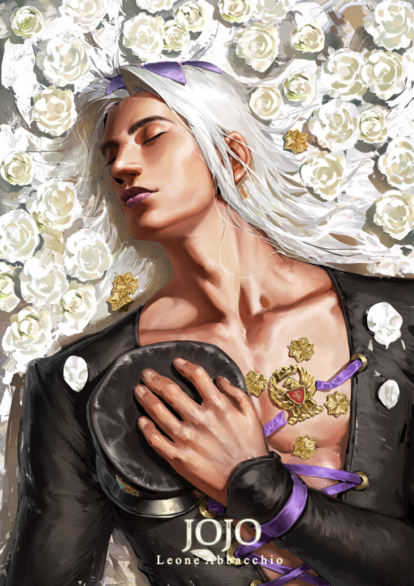 1boy absurdres black_hat character_name chinese_commentary closed_eyes collarbone commentary_request hat highres jojo_no_kimyou_na_bouken leone_abbacchio lying male_focus medal on_back purple_lips purple_ribbon ribbon sleeping solo unworn_hat unworn_headwear upper_body vento_aureo white_hair xiao-yang