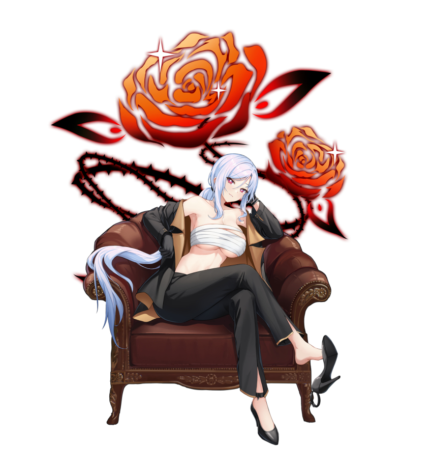 1girl armpits bare_shoulders black_gloves black_jacket black_pants black_shoes breasts bright_pupils chair chest_sarashi closers crossed_legs gloves grin hand_up head_rest high_heels highres jacket large_breasts long_hair long_sleeves looking_at_viewer low_ponytail mirae_(closers) off_shoulder official_art open_clothes open_jacket pants ponytail red_eyes sarashi shoe_dangle shoes simple_background sitting smile solo stomach underboob very_long_hair white_background white_hair