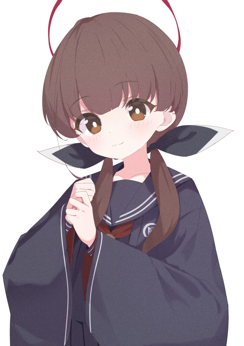 1girl :3 black_ribbon black_sailor_collar black_serafuku black_skirt blunt_bangs blush bright_pupils brown_eyes brown_hair closed_mouth commentary halo haori highres japanese_clothes low_twintails neckerchief ohitome_kohane pleated_skirt project_kv red_halo red_neckerchief ribbon rokukarashi sailor_collar school_uniform serafuku short_hair skirt smile solo twintails