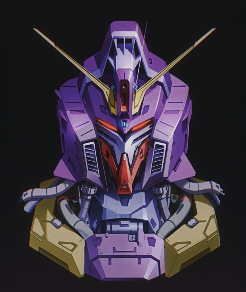 black_background chinese_commentary commentary_request glowing glowing_eyes gundam gundam_zz head_only highres looking_at_viewer mecha mobile_suit mosiaz328 no_humans original psyco_gundam_mk_ii red_eyes redesign robot science_fiction simple_background tube v-fin