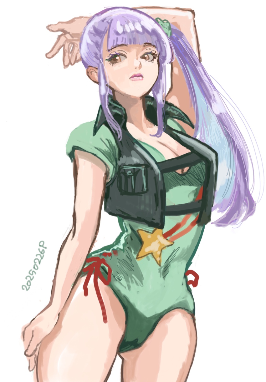 1girl arm_up gundam gundam_zz highres long_hair looking_at_viewer okrdisk2000 one-piece_swimsuit purple_eyes purple_hair roux_louka side_ponytail sleeveless solo swimsuit white_background