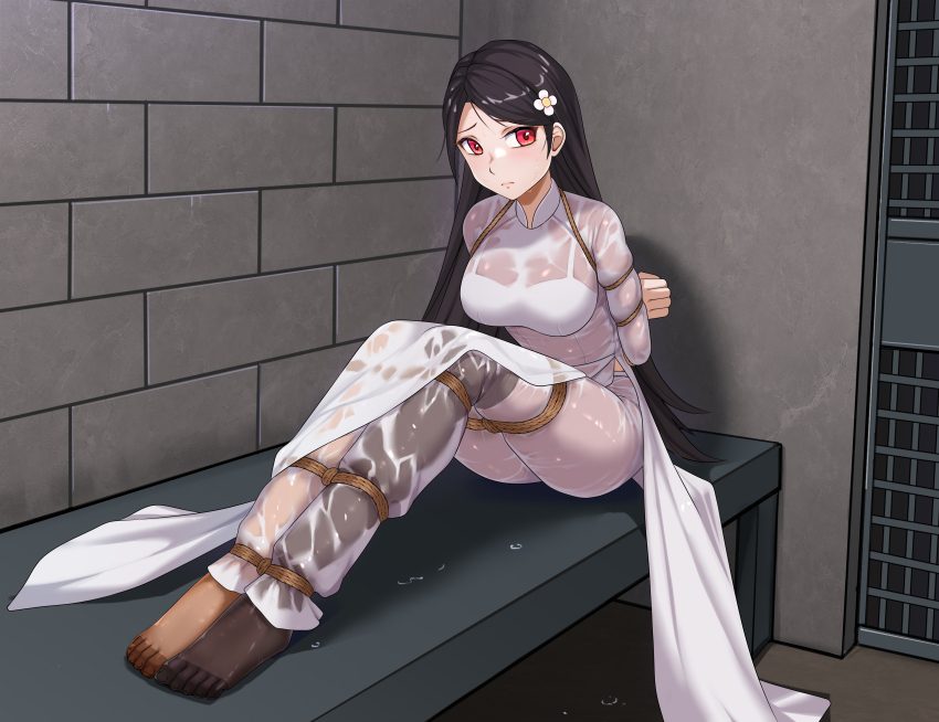 1girl absurdres asymmetrical_legwear bdsm black_hair bondage bound brick_wall flower_hairpin frown haimei1980 highres long_hair looking_at_viewer original over-kneehighs prison_cell restrained see-through_clothes shibari shibari_over_clothes sitting thighhighs very_long_hair ao_dai water_drop wet wet_clothes