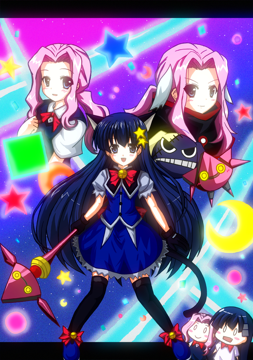 00s absurdres alternate_costume animal_ears bell bow cat_ears cat_tail chibi darry_adai dress dual_persona fang hair_ornament hairclip highres kiyal_bachika kiyalunga long_hair magical_girl maron_(071103) pink_hair purple_hair staff tail tengen_toppa_gurren_lagann tengen_toppa_gurren_lagann:_parallel_works thighhighs