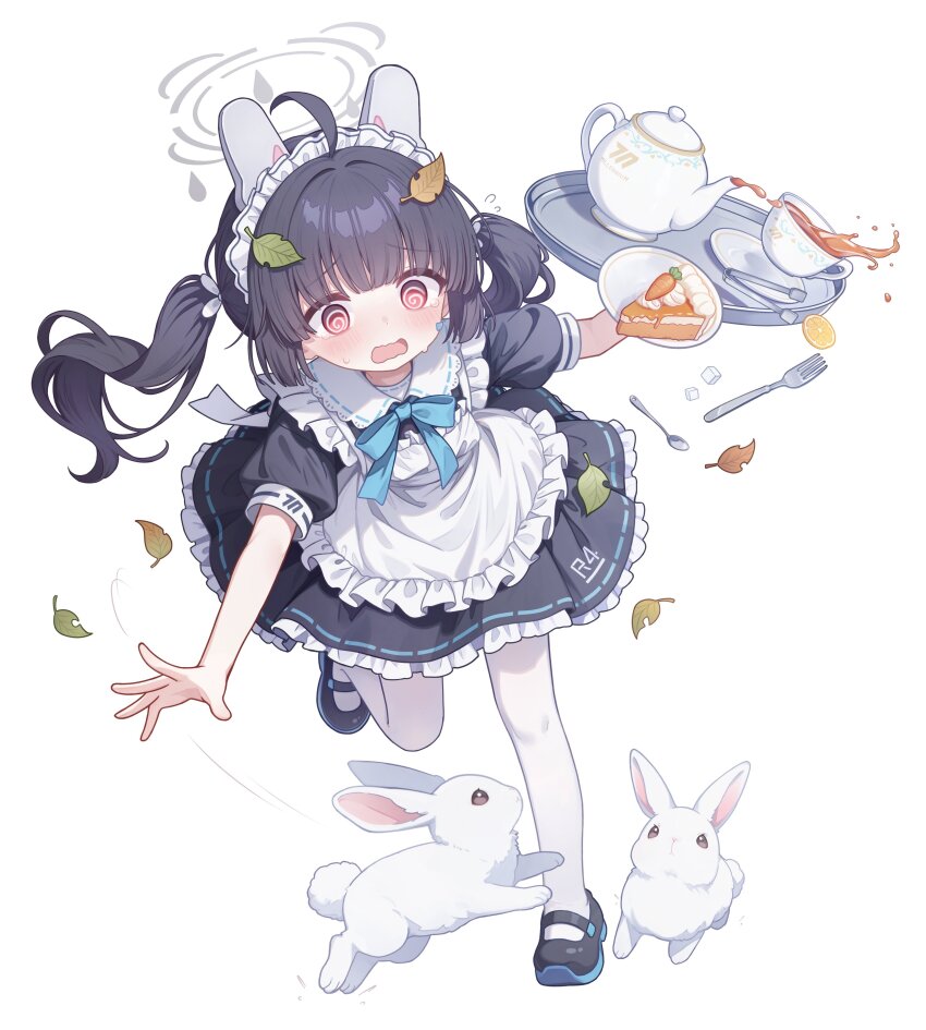 1girl absurdres apron black_hair blue_archive blush cake cake_slice food fork highres kohaku_rinne maid maid_apron maid_headdress miyu_(blue_archive) open_mouth rabbit red_eyes spoon tea twintails