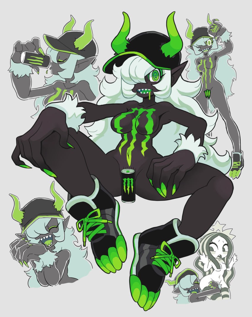 2girls @_@ black_eyes black_hair black_skin bodypaint breasts can claws colored_skin colored_tongue convenient_censoring crown female_pubic_hair fur fur_trim gashi-gashi green_eyes green_tongue hair_over_one_eye hat highres hugging_own_legs long_hair monster_energy monster_energy-chan multicolored_hair multiple_girls naked_paint navel nude pointy_ears product_girl pubic_hair shoes smile spiral starbucks starbucks_siren stb-chan striped_legwear wavy_hair white_hair white_skin