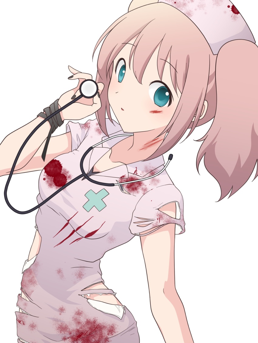1girl black_bra black_nails blood blood_on_clothes blood_on_face blood_on_hat blood_on_neck bra bra_peek breasts collarbone commentary cross cross_print dress green_eyes hair_between_eyes hair_up halloween_costume hat highres hikaru_(ofuton_at5) holding holding_stethoscope looking_at_viewer nail_polish nemoto_hina nurse nurse_cap official_alternate_costume parted_lips pink_dress pink_hair pink_hat print_dress short_sleeves sidelocks simple_background small_breasts solo stethoscope torn_clothes torn_dress twintails underwear watashi_ga_motenai_no_wa_dou_kangaetemo_omaera_ga_warui! white_background