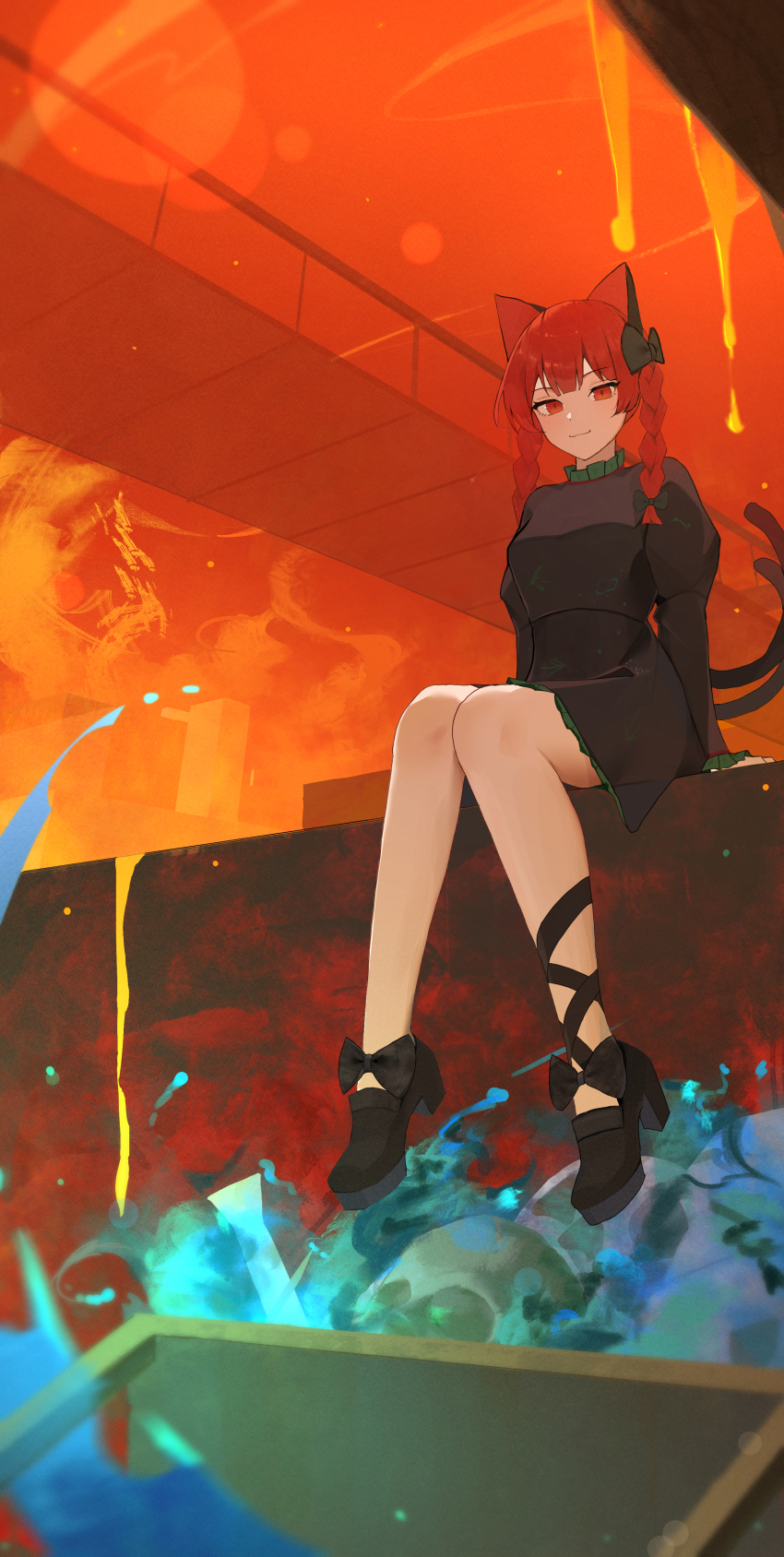 1girl absurdres animal_ears bare_legs black_dress black_ribbon braid breasts cat_ears cat_tail dress full_body highres kaenbyou_rin knees_together_feet_apart leg_ribbon long_hair medium_breasts multiple_tails nekomata orange_theme palulap red_eyes red_hair ribbon sitting solo tail touhou twin_braids two_tails