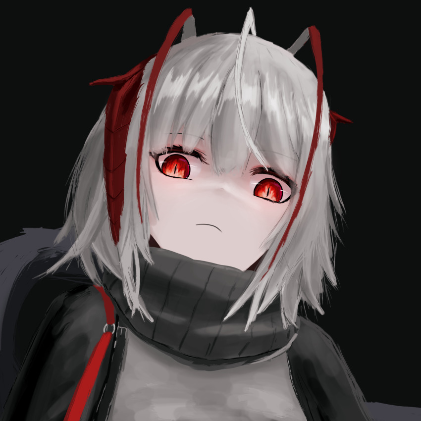 1girl absurdres ahoge arknights black_background black_sweater closed_mouth commentary english_commentary eyebrows_hidden_by_hair female_focus frown grey_hair grey_sweater highres horns looking_at_viewer medium_hair portrait red_eyes red_hair red_horns red_ribbon ribbon serious simple_background slit_pupils solo sweater thefatum w_(arknights)