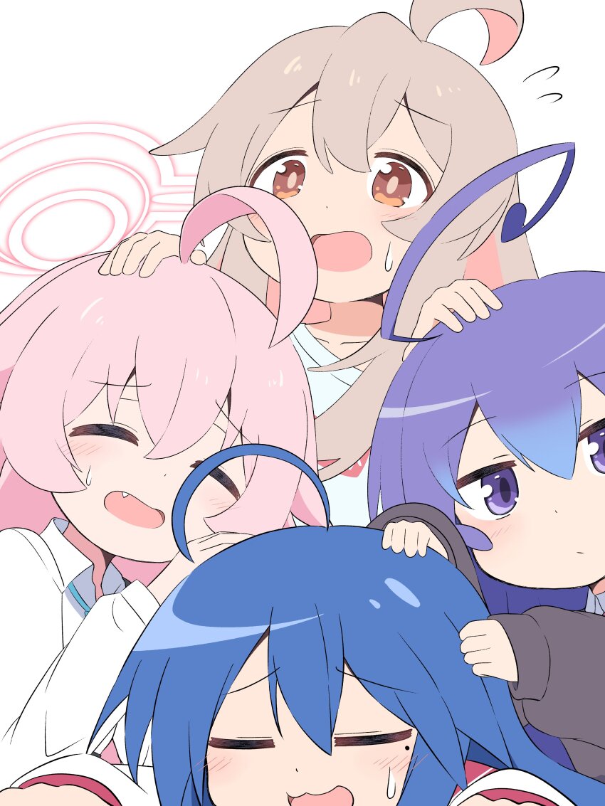 4girls absurdres acchi_kocchi ahoge blue_archive blue_hair closed_eyes fang halo hand_on_another&#039;s_head highres hoshino_(blue_archive) izumi_konata long_hair long_sleeves look-alike looking_at_viewer lucky_star master_m_489 miniwa_tsumiki mole mole_under_eye multiple_girls onii-chan_wa_oshimai! open_mouth orange_eyes oyama_mahiro pink_hair purple_eyes school_uniform sweatdrop trait_connection