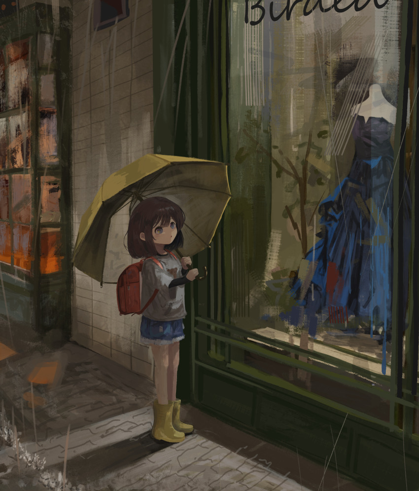 1girl :o absurdres backpack bag blue_dress blue_eyes blue_shorts boots brown_bag brown_hair child commission cutoffs dress eliot_(eokaitekaite969) highres holding holding_umbrella layered_sleeves long_sleeves mannequin original outdoors parted_lips pavement rain rubber_boots scenery short_hair short_over_long_sleeves short_sleeves shorts skeb_commission solo standing storefront umbrella undershirt unworn_dress window_shopping yellow_boots yellow_umbrella