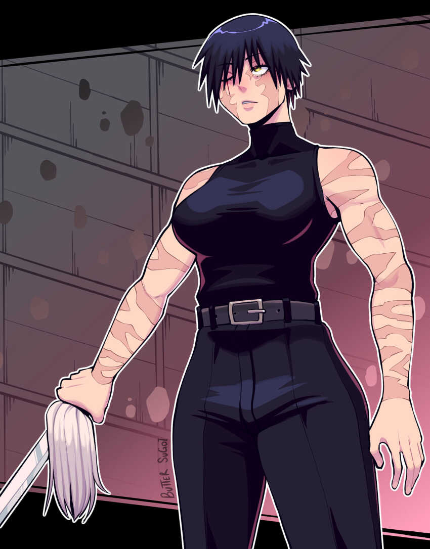 1girl belt black_belt black_hair black_pants black_shirt breasts burn_scar butter_sugoi commentary cowboy_shot facial_scar highres holding holding_sword holding_weapon jujutsu_kaisen large_breasts one_eye_closed pants scar scar_across_eye scar_on_arm scar_on_cheek scar_on_face shirt short_hair signature sleeveless sleeveless_shirt sleeveless_turtleneck solo sword toned toned_female turtleneck weapon yellow_eyes zen&#039;in_maki