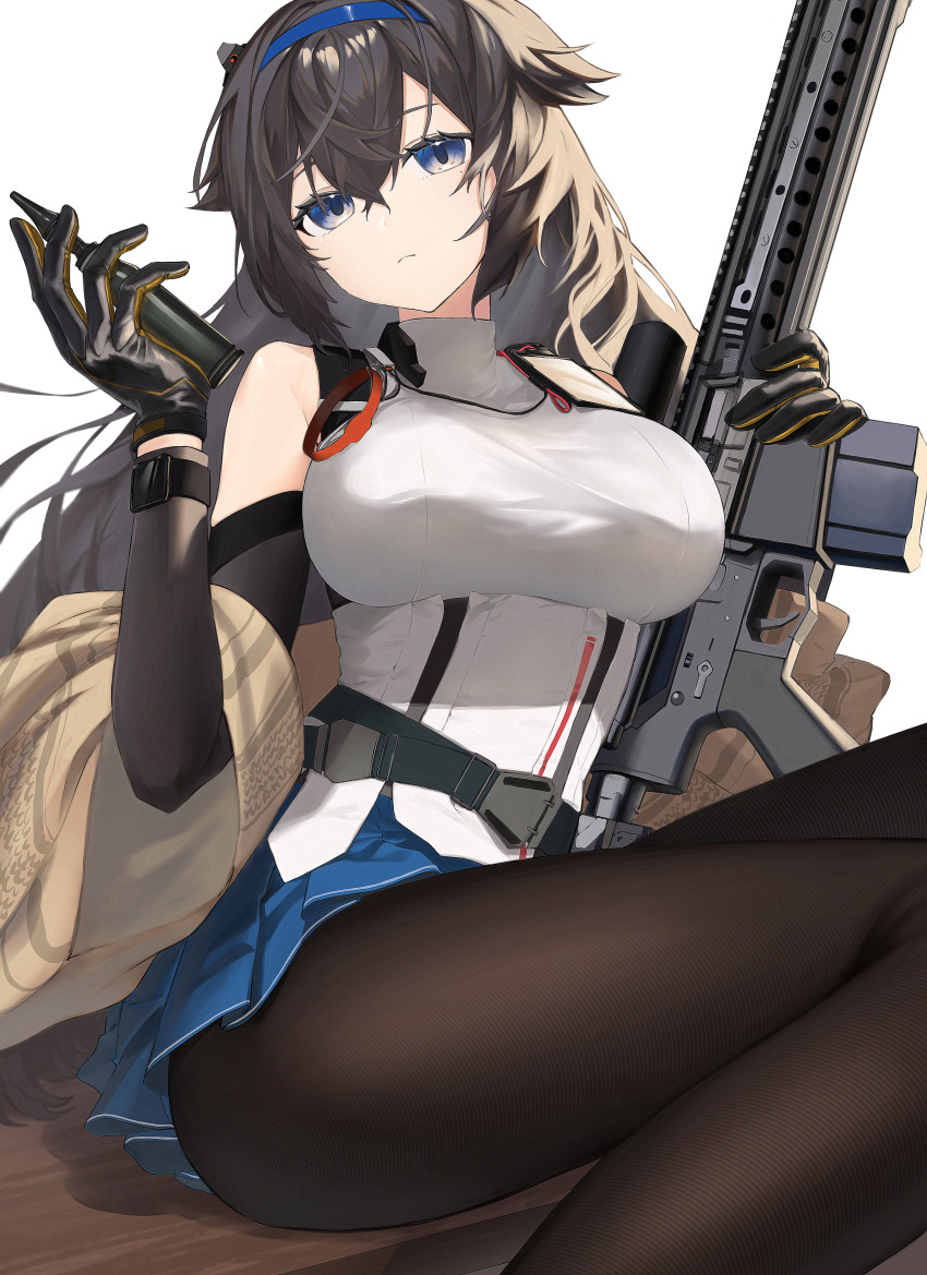 1girl absurdres ar-10 battle_rifle black_pantyhose blue_eyes breasts commission expressionless girls&#039;_frontline gloves gun hair_flaps head_tilt highres holding holding_gun holding_weapon iitenkidesune large_breasts long_hair pantyhose rail_(weapon) rifle skeb_commission sniper_rifle solo super_sass super_sass_(girls&#039;_frontline) super_sass_(mod3)_(girls&#039;_frontline) thick_thighs thighs very_long_hair weapon